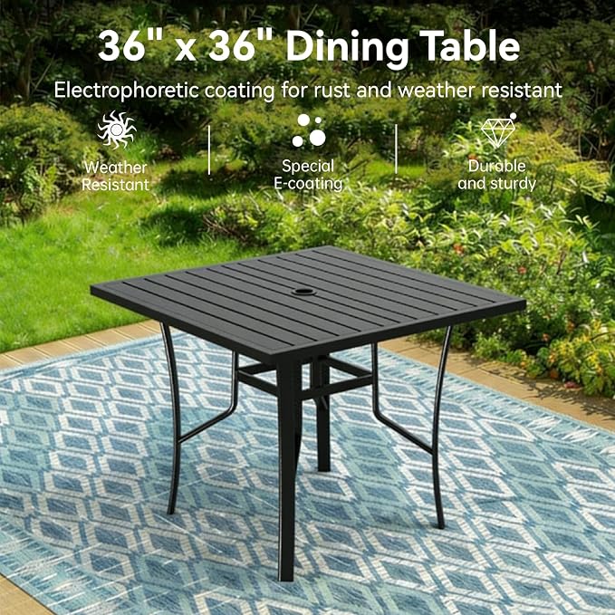 5 Pieces Outdoor Dining Table 36"x36" + Patio Dining Chair Set, Square Patio Dining Table and Chairs with Stable Metal Frame for Garden, Backyard and Porch, Umbrella Hole Design, Suitable for 4 People