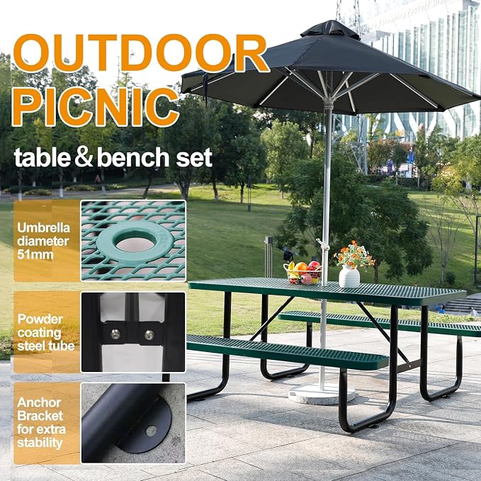 4ft Rectangular Picnic Table – Heavy-Duty Metal Mesh Outdoor Dining Table, Thermoplastic Coated Steel, Outdoor Living, Parks & Schools (Green, 4ft)