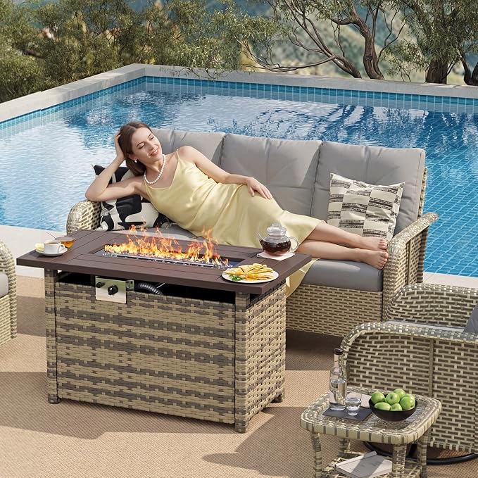 LazySunsets 7 Piece Outdoor Patio Furniture Set with 44'' Fire Pit Table, Wicker Rattan Outdoor Furniture with High Back Swivel Rocker Chairs, Outdoor Sofa Set with Thick Cushions, Grey