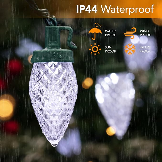 C9 LED Christmas Lights Outdoor,33 Feet 50 LED 8 Lighting Modes Waterproof Connectable Christmas String Lights for Outside Roofline Patio Home Xmas Decorations (Cool White)