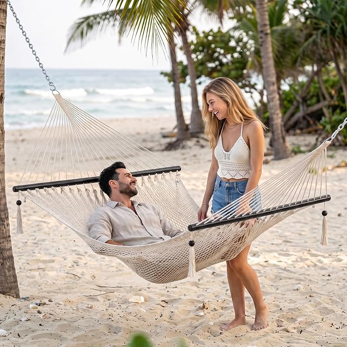 PNAEUT 2 Person Rope Hammocks for Outside, Handwoven Double Caribbean Hammock with Spreader Bar for Outdoor Indoor, Max 600 lbs Capacity (Cream)