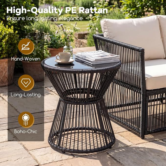Tangkula Outdoor Side Table with LED Warm Light, PE Rattan Hourglass-Shaped End Table with Tempered Glass Top, Battery Operated Accent Coffee Table for Patio, Porch, Balcony & Living Room (1)