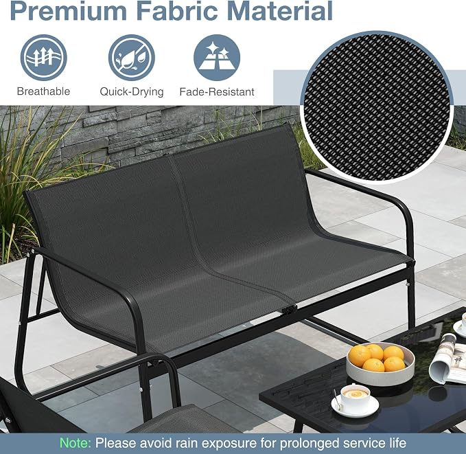 HAPPYGRILL 8 Pieces Patio Conversation Set, Fabric Lawn Chairs and Loveseat with Tempered Glass Coffee Table, Heavy Duty Metal Frame, Outdoor Furniture Set for Porch, Garden and Poolside