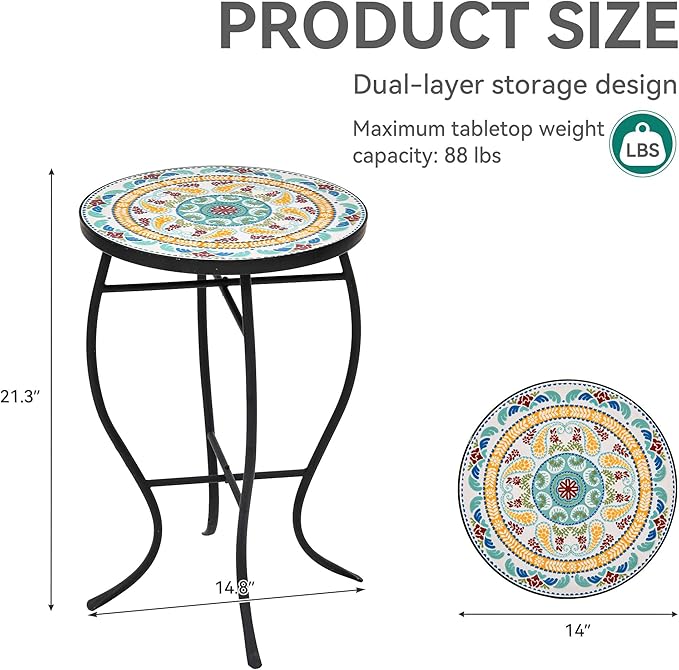 22" H Mosaic Side Table Outdoor, Patio Table Plant Stand, Iron Coffee End Table, Weather Resistant Tile Top Metal Drink Bar Table for Indoor Garden Balcony Yard Bistro