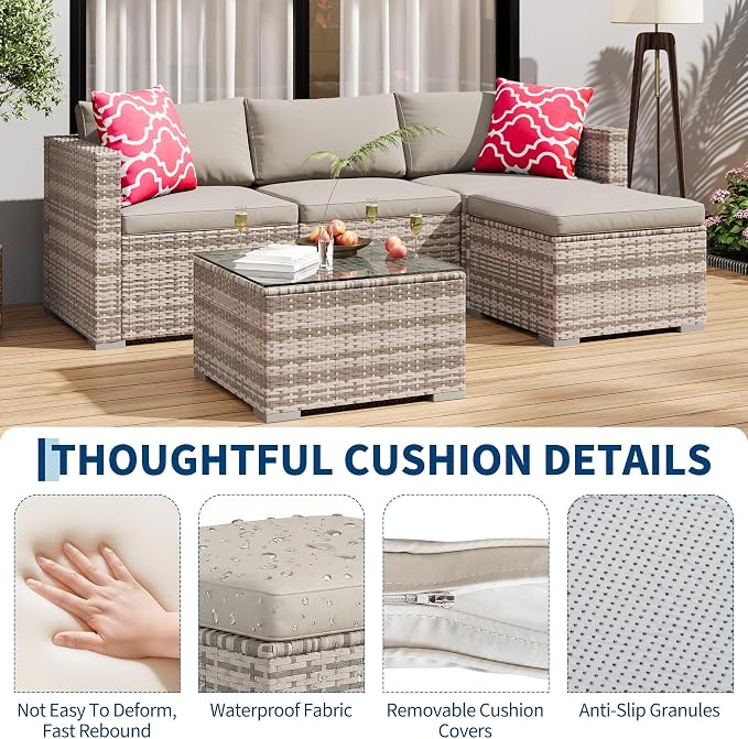 5-Piece Outdoor Sectional Sofa Set, All-Weather PE Rattan Patio Furniture with Ottoman & Tempered Glass Table, Convertible Garden Couch for Backyard, Porch, Poolside (Gray)