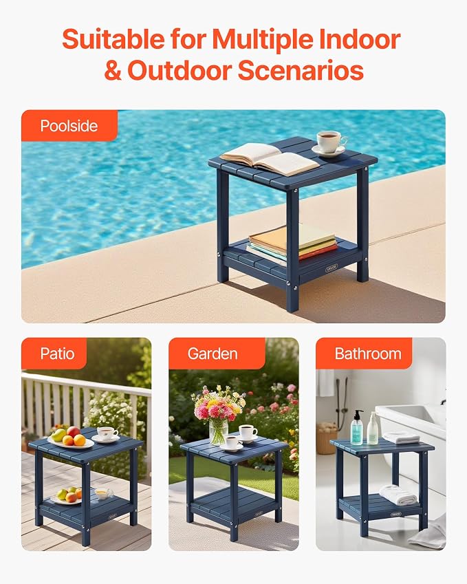 VEVOR Outdoor Side Table, 17.72W x 14.96D x 17.32H Inch, Double Layer HDPE Outside End Table for Easy Maintenance, Withstand Harsh Weather, Fit for Patio, Pool, Beach, Porch, Indoor, Backyard, Blue