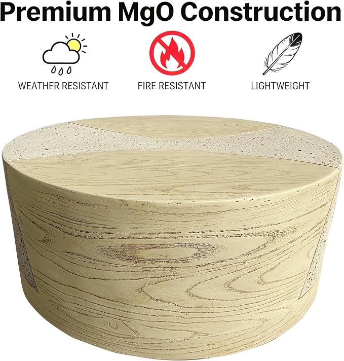 LIVILAND 27.6" Round Drum Coffee Table, Modern MgO Weatherproof Outdoor Center Table for Living Room & Patio, Japandi Faux Wood Grain, No Assembly Required (Sahara Oak Travertine)