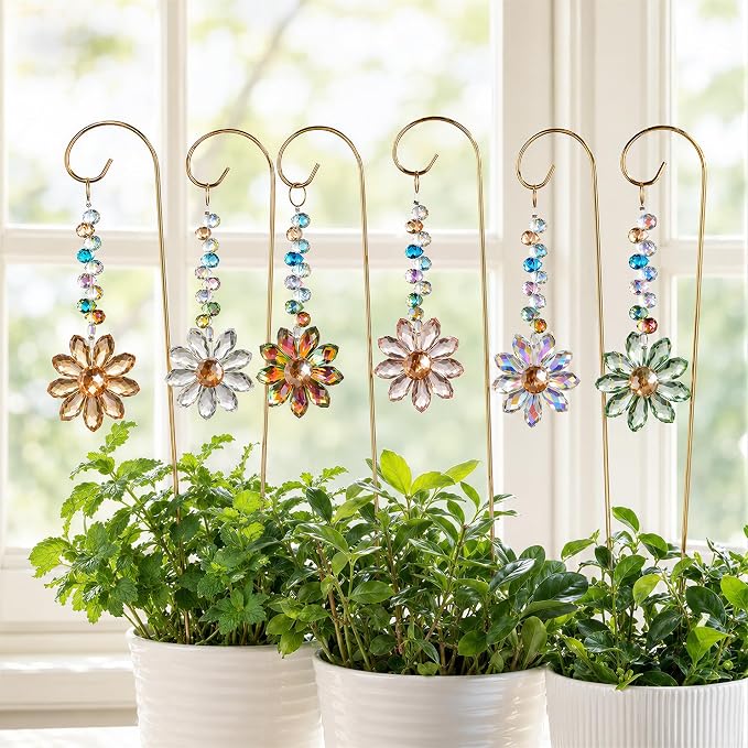 6 Pcs Colorful Crystal Sunflower Suncatcher Garden Stake with Trellis Decor | Crystal Sunflower Sun Catchers Garden Stake with Golden Small Trellis plant Decorations for Pots Patio Lawn Yard Home