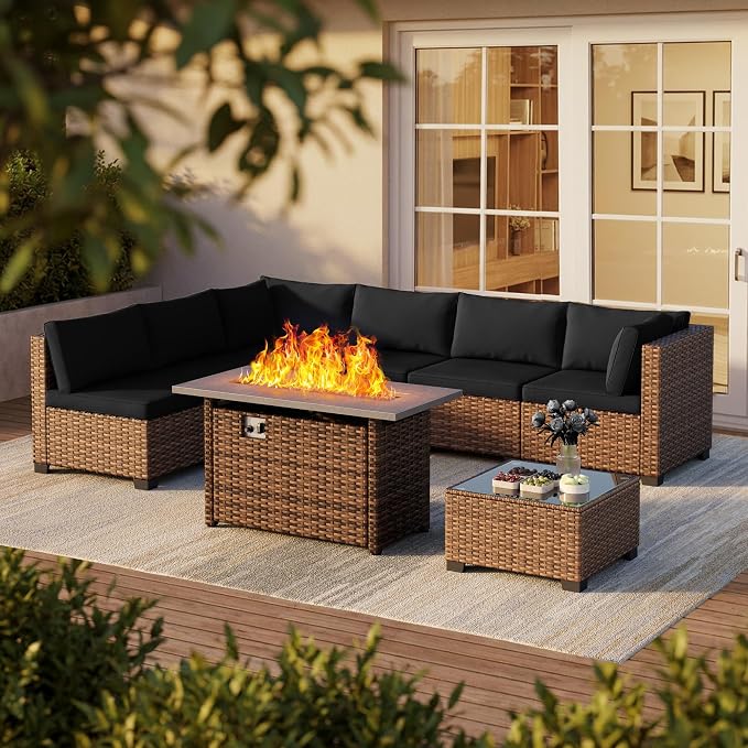 Qsun 8 Pieces Outdoor Patio Furniture Set with 44.9" Fire Pit Table, All-Weather Wicker Outdoor Patio Sectional Set with Coffee Table, for Backyard Poolside Garden Porch, Black