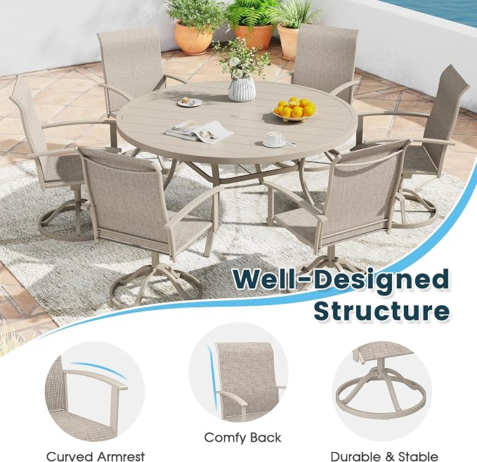 9 Pieces Outdoor Patio Dining Table Set, 60" All Weather Round Metal Table with Umbrella Hole and 8 High Back Textilene Swivel Chairs for Garden, Lawn, Poolside, Sandshell