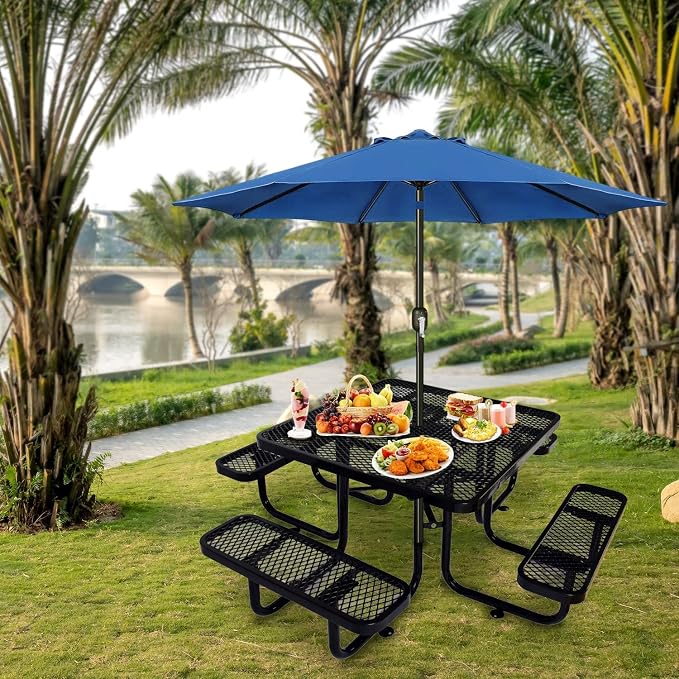 Heavy Duty Picnic Table for Outdoors 3200 lbs Load All Metal Dining Table with Umbrella Hole up to 1.5", Square Picnic Table for Commercial Camping Table with Benches, Black