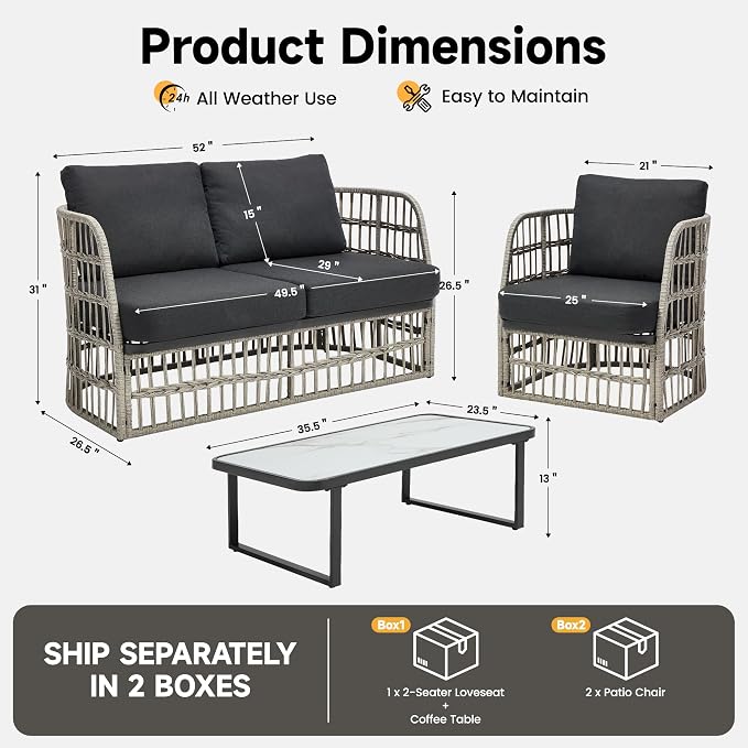 4 Piece Patio Furniture Set, Modern Patio Conversation Set for 4, Rattan Patio Sectional Sofa with Cushions, Backyard Furniture Outdoor Couch with Coffee Table for Deck/Balcony/Porch, Grey