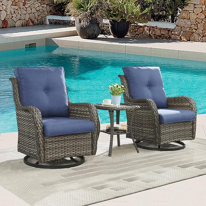 Outdoor Side Table Patio Tables - Wicker Coffee Table with Glass Top and 2-Shelf Storage Rattan End Table Square for Outdoor Patio Porch Deck Balcony Garden(Mixed Grey/Glass Top)