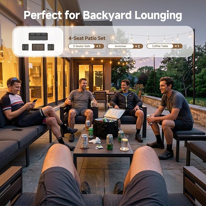 Outdoor Aluminum Patio Furniture Set, 5 Seat 4 Pieces Patio Conversation Sets with 28D Thick Washable Cushions and Coffee Table, Oversized Metal Sectional Sofa Set for Backyard Porch Deck Dalcony