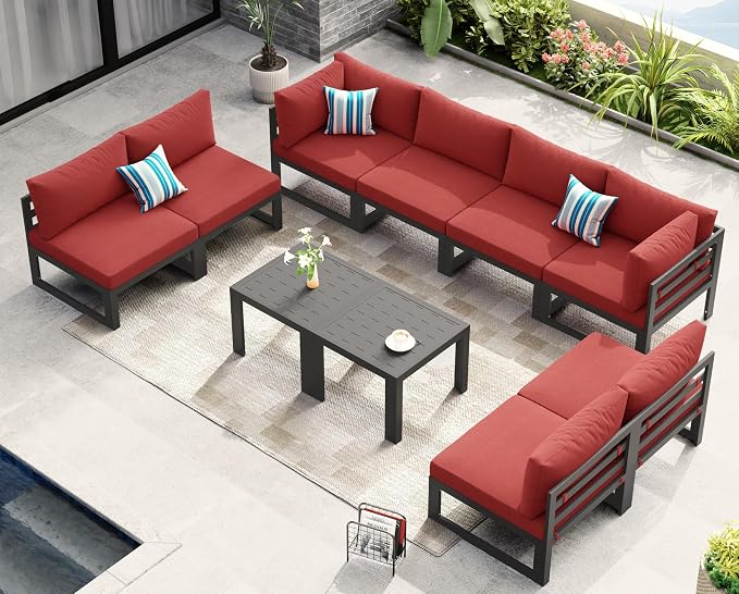 NICESOUL 8 Person Modern Aluminum Patio Furniture Set, 500 lbs Heavy Duty Sturdy Outdoor Sectional Sofa, 29" Deep Wide Large Seating, L Shaped Modular Conversation Couch for Garden Backyard, Burgundy