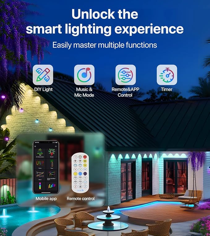 RGB+IC Permanent Outdoor Lights, DIY Lighting Effects, 200FT | Permanent Outdoor Lights with 120 LEDs, App & Remote Control, Timer, IP65 and Dynamic Effects for Yards, Home