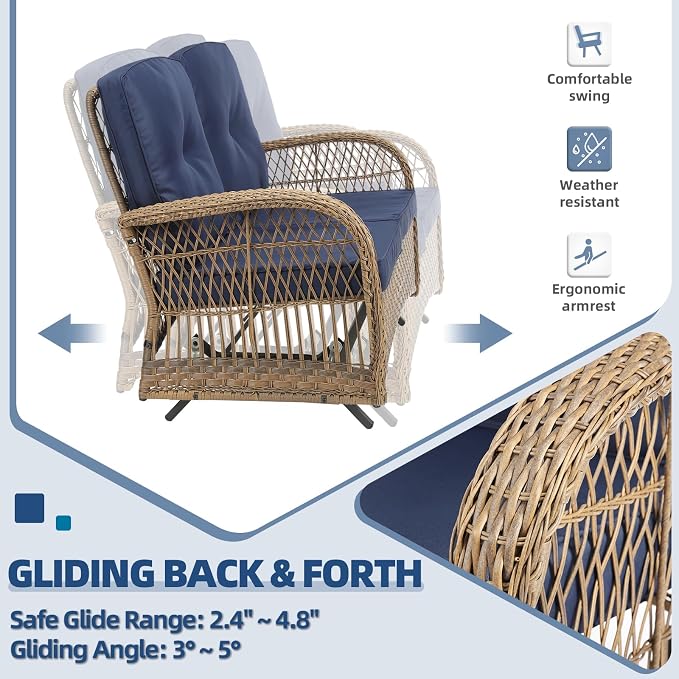 5-Piece Wicker Patio Furniture Sets Outdoor All-Weather Rattan Conversation Set Includes Glider Loveseat, 2 Glass-Top Coffee Tables, 2 Glider Rocker Chairs for Porch Backyard, Navy Blue