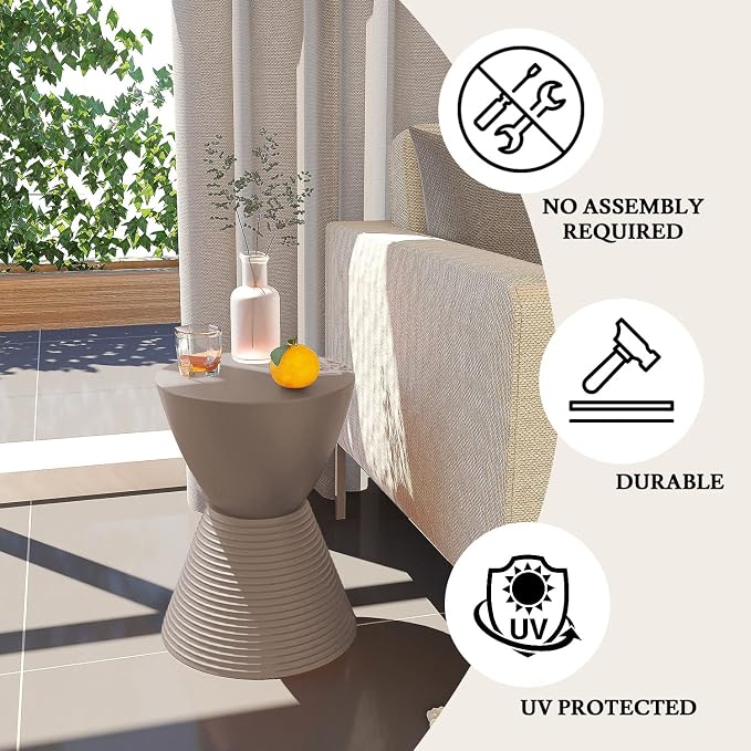 LeisureMod Modern Hourglass Taupe Side Table - ABS Shell Drum End Table with Storage for Indoor & Outdoor Use