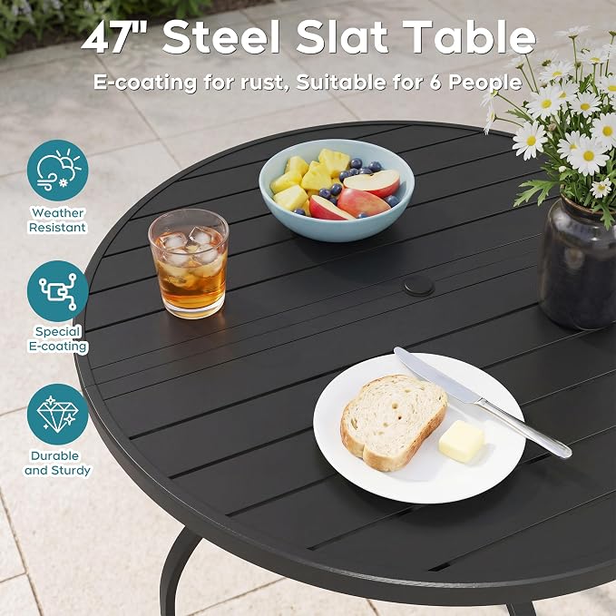 47” Round Outdoor Dining Table for 6,Metal Patio Dining Table with Adjustable Umbrella Hole,All-Weather Black Outdoor Patio Table for Porch, Garden, Backyard, Poolside, Lawn