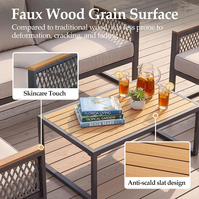UPHA 5 Pieces Patio Furniture Set, Metal Outdoor Sectional Couch Set with Loveseat & 3-Seat Sofa, 2 Chairs, Coffee Table, Modern Patio Conversation Set for Porch Balcony Deck, 7 Seats, Beige