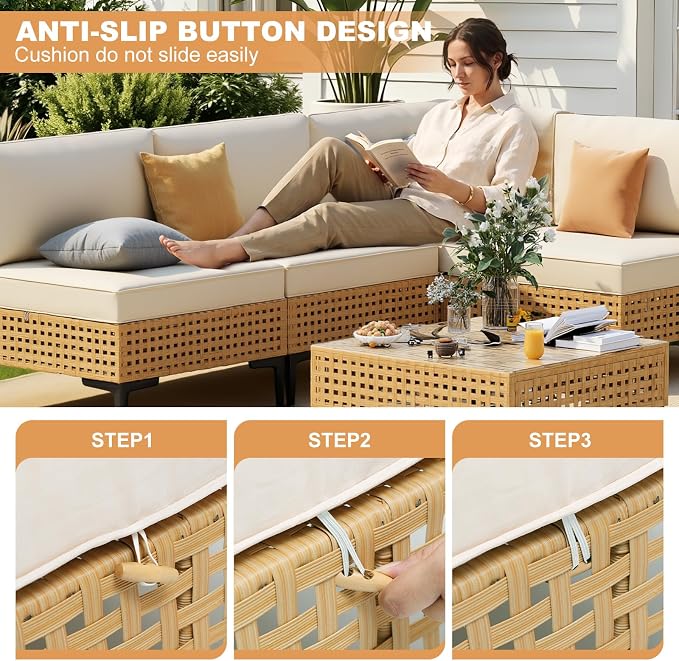 ABCASA Patio Furniture Set, 110" Large 7-Piece Wicker Outdoor Patio Furniture Sets with Non-Slip Cushions & Coffee Table,Boho Patio Conversation Set Sectional Sofa for Backyard,Porch,Beige