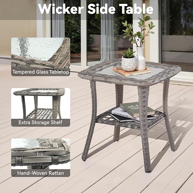 3 Pieces Patio Furniture Sets-Outdoor PE Rattan Wicker Chairs with Thickened Cushion and Glass Coffee Table,All Weather Patio Conversation Set for Garden Backyard Porch Deck Grey/Beige