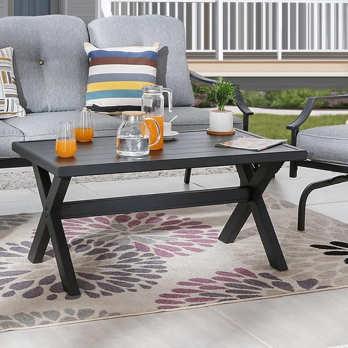 Patio Conversation Set 4 Pieces Metal Outdoor Furniture Sets Outside 3-Seat Sofa with Rocking Chairs Coffee Table (Grey)
