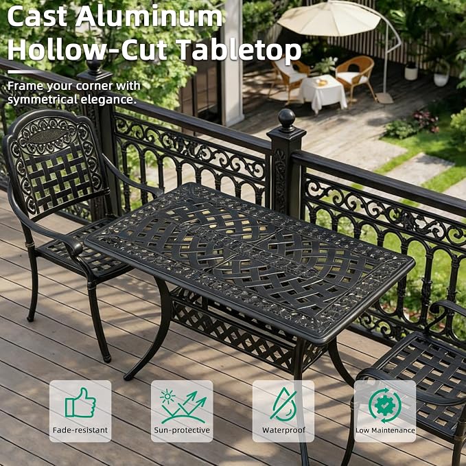 VIVIJASON 3 Piece Outdoor Dining Set, Cast Aluminum Patio Bistro Set with 42" x 24" Rectangular Table and 2 Chairs, Rust Proof & Weather Resistant Furniture for Small Balcony, Porch, Garden, Deck