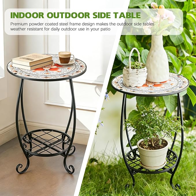 Arbuxzuy 12 Inch Small Outdoor Side Table with Colorful Flowers, Glass Mosaic Patio Table Indoor, Round Plant Coffee Table for Living Room, Balcony, Garden（Pink Flowers Style）