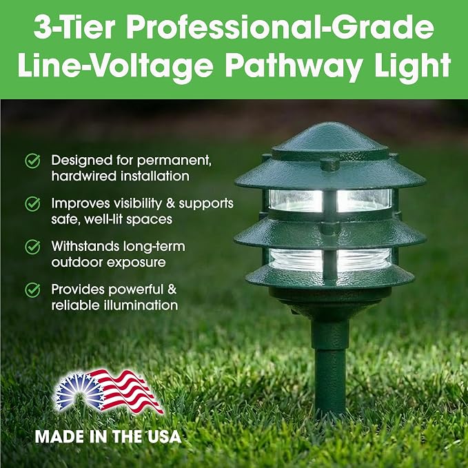 Greenfield Made in the USA Weatherproof Line-Voltage (120V) LED Outdoor Pathway Light – 3-Tier Permanent Outside Light for Walkway, Driveway & Landscaping – Professional Grade – Green