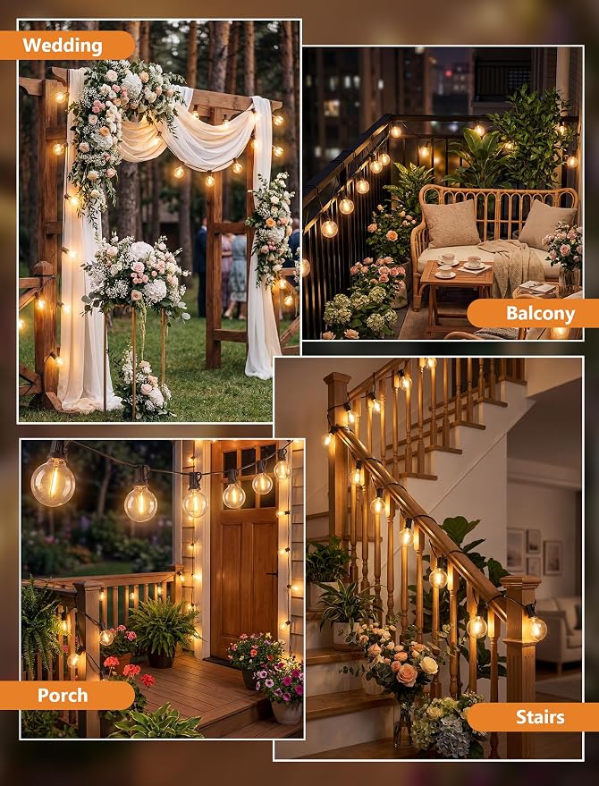 25Ft LED Outdoor String Lights, 27 G40 Globe Patio Lights IP65 Waterproof | 2700K Warm White, Plug In, Hanging Connectable Christmas Decorative Lights for Backyard Porch Garden Balcony Bistro, Black