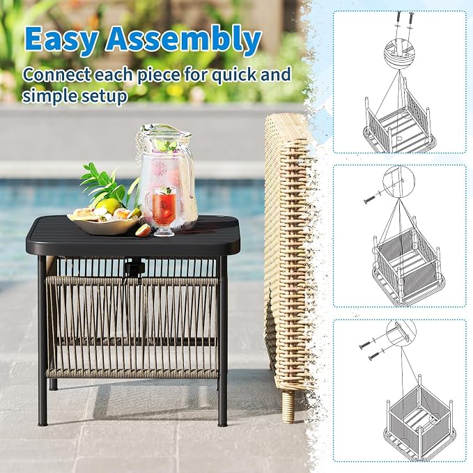 Tangkula Outdoor PE Rattan Side Table with 1.57” Umbrella Hole, Square Patio End Table with Metal Frame, Small Bistro Coffee Table for Porch, Balcony, Garden and Backyard (1)