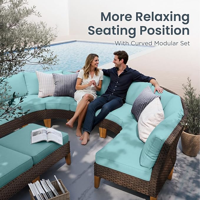 PHI VILLA Wicker Patio Furniture Set with Swivel Chairs, 11 Pieces Half Moon Outdoor Conversations Set, Oversized Rattan Patio Sectional Sofa with Ottoman, Aqua Blue Cushion