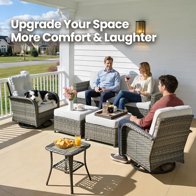 6 Piece Wicker Patio Furniture with Swivel Rocker Chair, Gray | High Back Swivel Rocker Chairs, Outdoor Sofa Ottoman, Heavy Duty, All Weather Rattan Modern Conversation Sets, Deck Backyard