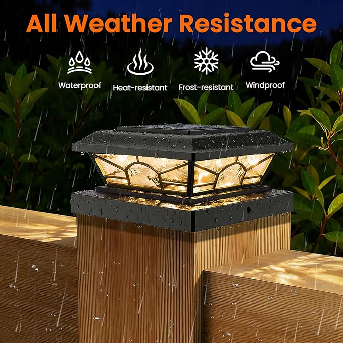 4x4 3.5x3.5 Solar Post Cap Lights 6-Pack Black | 2 Modes (Warm/Cool White), 16LEDs, for Wooden/Vinyl Posts, IP65 Waterproof, Outdoor, for Fence, Deck, Patio, Yard, Porch