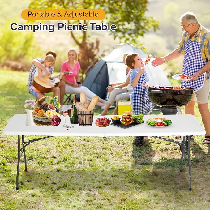 Dopinmin 8FT Plastic Camping Table Foldable Outdoor Dining Table Portable Party Table with Carrying Handle for Parties Wedding BBQ Camping Dining Kitchen,White