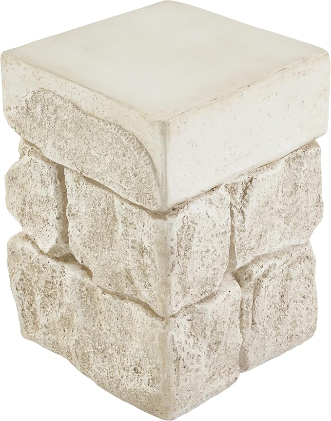 Square Outdoor Concrete Side Table, Patio End Table, Faux Stacked Stone Accent Table with Wave for Indoor Outdoor, Garden Stool Coffee Table for Patio, Garden, Backyard - 14.57" Beige MgO