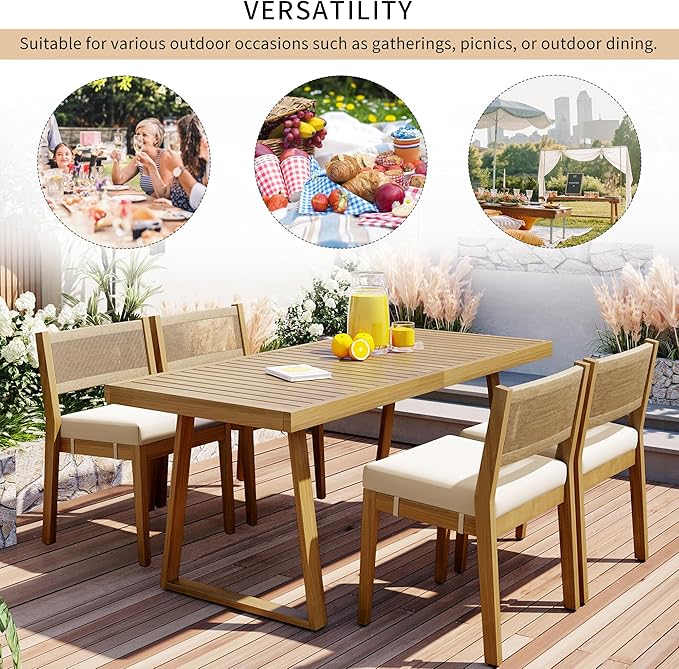 VilroCaz 5 Pieces Patio Dining Set, Acacia Wood Dining Table and Chair Set, All-Weather Outdoor Conversation Set Gathering Set with Thick Cushions for Garden Backyard Balcony (Beige+Acacia5)