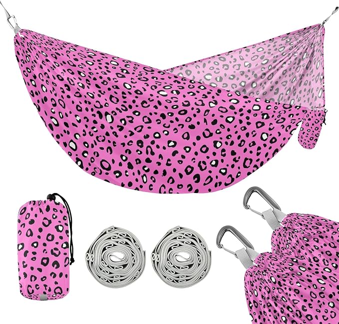 Camping Hammock Outdoor Hammocks for Outside Pink_Leopard Beach Trees Portable Lightweight with Pockets Tree Straps Indoor