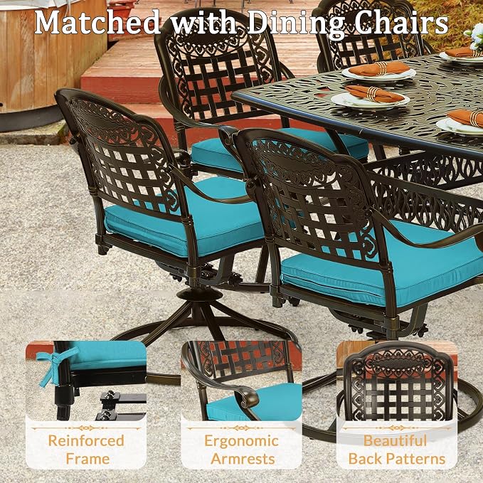 9 Piece Outdoor Patio Dining Set for 8, Cast Aluminium Large Square Dining Table & 4 Swivel Rocker Chairs, 4 Stationary, 8 Cushions, Umbrella Hole, Patio Furniture Set for Garden, Ocean Blue