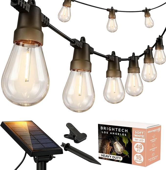 Brightech Ambience Pro Solar String Lights, Commercial Grade 48 ft | Outdoor String Lights, Waterproof Patio Lights, 15 Shatterproof LED Edison Bulbs for Outside & Porch, 1W Soft White