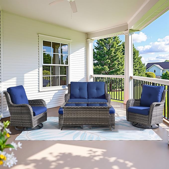 Belord 6 Piece Wicker Patio Furniture Set, Outdoor Swivel Rocker Chairs Set of 2 with Ottomans and Loveseat, All Weather Patio Conversation Furniture Set, for Pool,Yard,SunroomGray Wicker/Blue