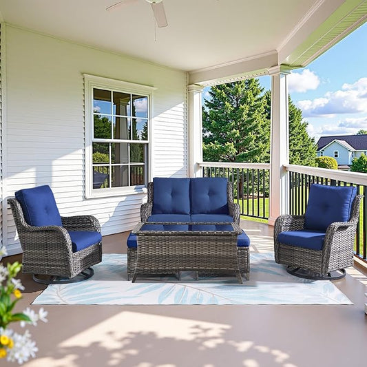 Belord 6 Piece Wicker Patio Furniture Set, Outdoor Swivel Rocker Chairs Set of 2 with Ottomans and Loveseat, All Weather Patio Conversation Furniture Set, for Pool,Yard,SunroomGray Wicker/Blue