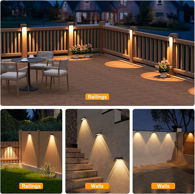 Solar Fence Lights,8 Pack Deck Light,Led Lights Warm White Outdoor Wall Lights,IP45 Solar Powered Light Waterproof for Backyard/Pool/Railing/Patio/Porch/Step/Outside/Garden (Black)