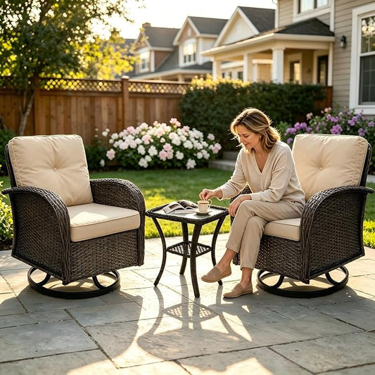 3 Piece Outdoor Swivel Rocker Patio Chairs, All-Weather Rattan Chair, Wicker Glider Patio Furniture Set with Side Table, for Garden, Backyard, Deck, Gray Rattan & Khaki Cushions