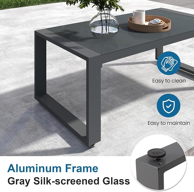 Aluminum Outdoor Patio Furniture Set with Height-adjustable Footrest for Lawn Porches Patio, 6-Seats All-weather Patio Sofa Sets with Coffee Table, Modern Outdoor Patio Conversation set, Grey