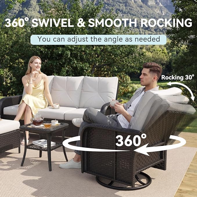 LazySunsets 7 Piece Outdoor Patio Furniture Set with 44'' Fire Pit Table, Outdoor Patio Furniture Set with High Back Swivel Rocker Chairs, Wicker Sofa Set with Thick Cushions, Beige