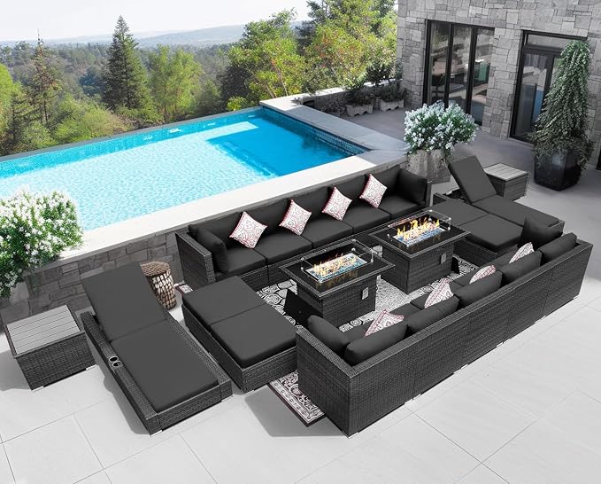 NICESOUL 20 Piece Extra Large Patio Furniture Set w/Fire Pit Table & Chaise Lounge, Modern Luxury Outdoor Group Seating w/Firepit, Comfortable 29.3" High-Back Sectional Couch Deep Seat, Dark Gray