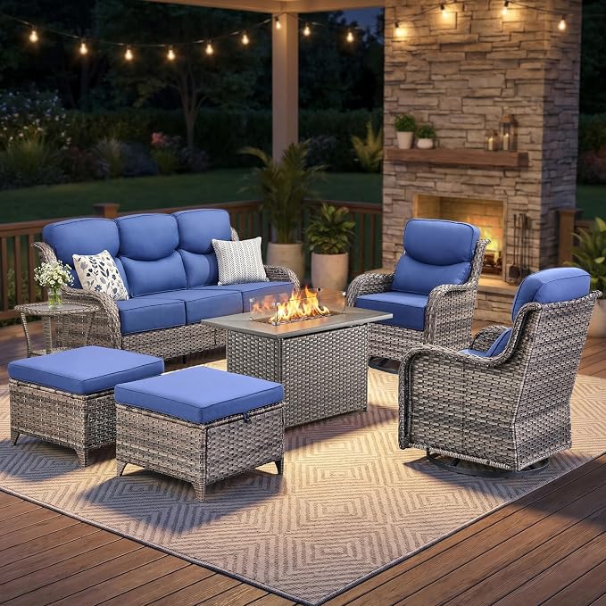 Luxury Swivel Rocker Chairs Fire Pit Set with 6" Thick Cushion 7 piece Wicker Outdoor Patio Chair with Sofa and Ottoman,Comfortable High Back Outdoor Patio Furniture Set - Gery | Blue