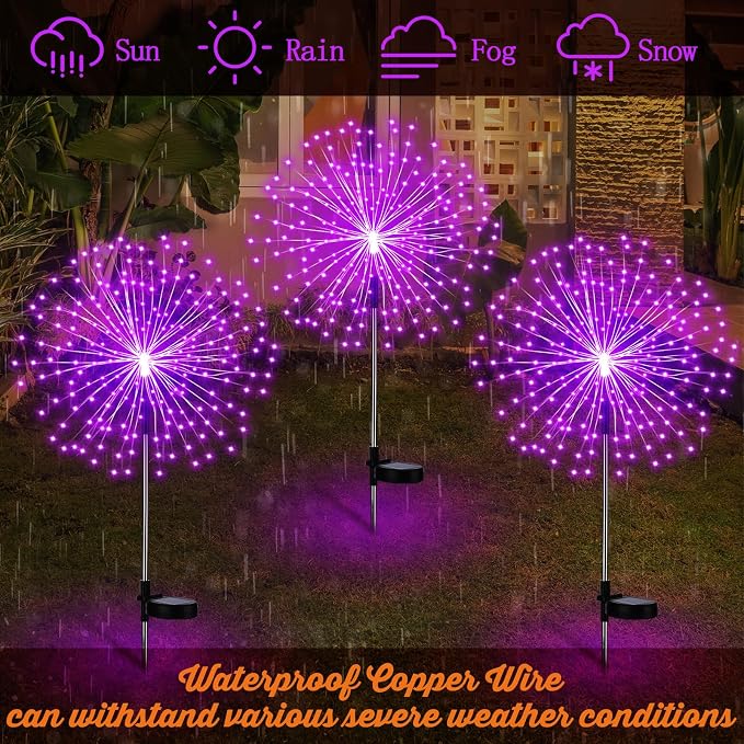 Tujoe 6 Pcs Halloween Solar Firework Stake Lights 180 LED 8 Modes Solar Waterproof LED Sparkler Lights Outdoor Decoration for Garden Patio Yard Pathway Walkway Lawn Xmas Decor (Purple)